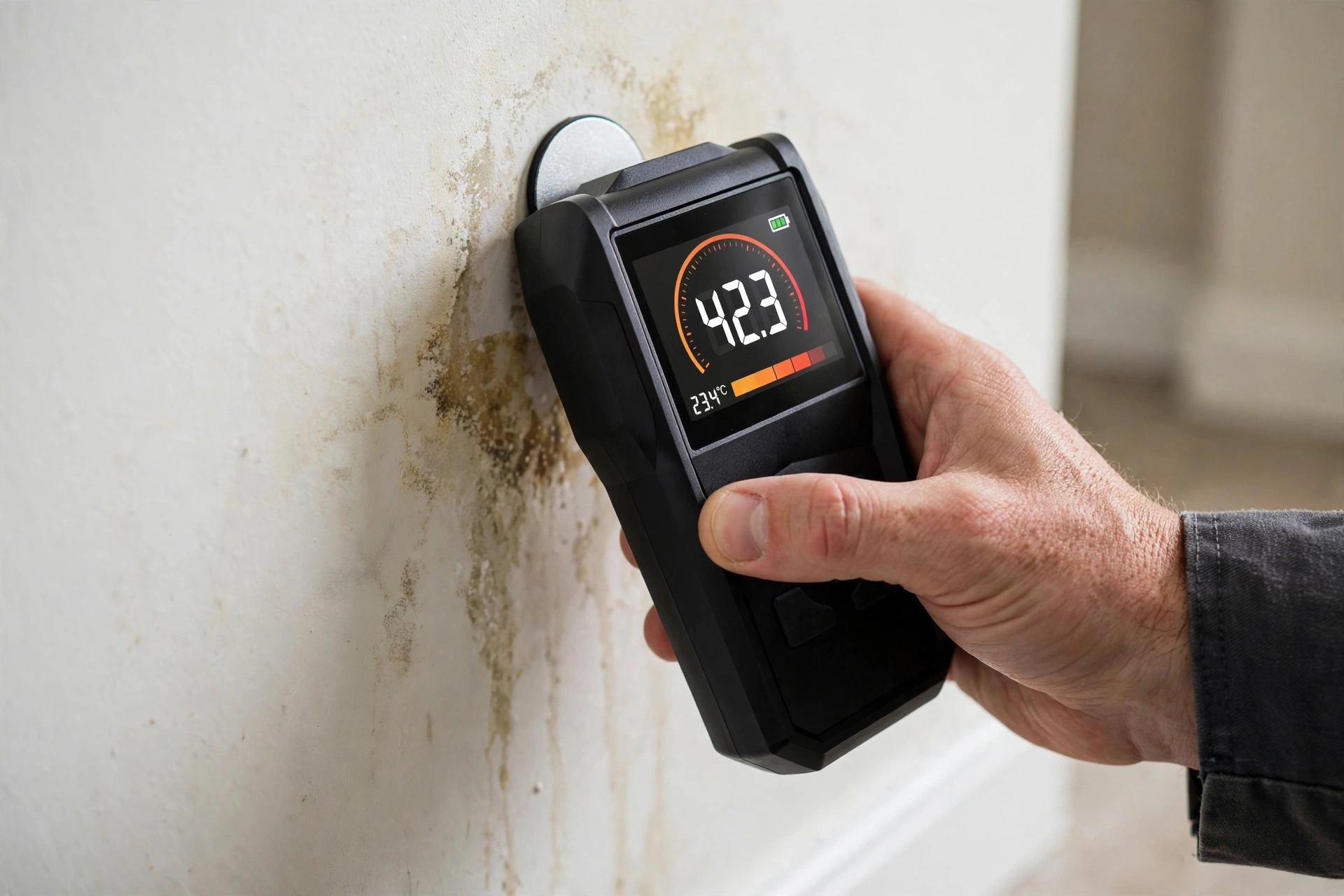 Electronic moisture mapping with pinless meter on a Santa Fe NM interior wall